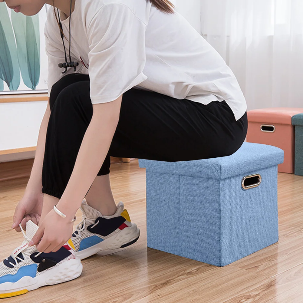 Folding Storage Ottoman Cube Chest Stool with Sponge Lid Footrest Living Room Bedroom Home Office Dorm Pliant Portable Foot Rest