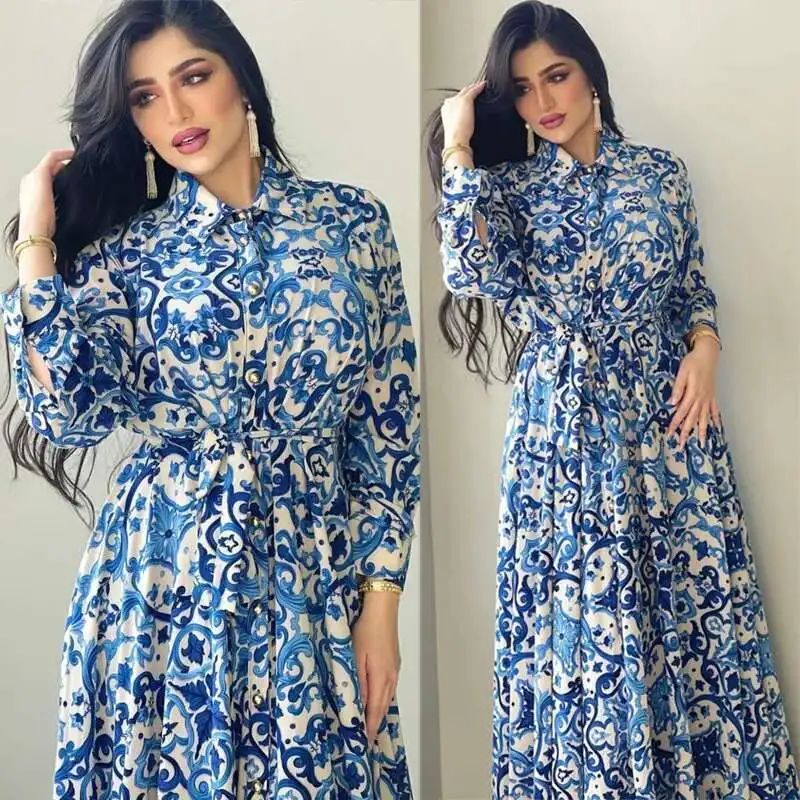 

Autumn Women's Fashion Print Temperament Large Swing Shirt Tie Up Dress Long Dress Robe Abaya Ramadan Dubai Luxury Islam Elegant