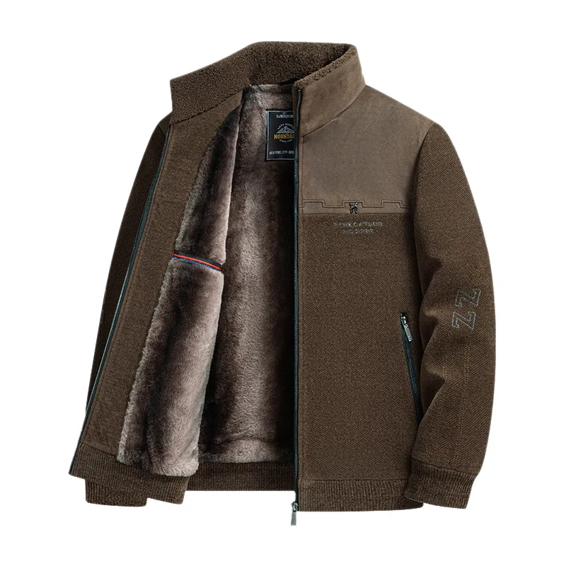 XXXXL Outerwear Spliced Fleece Jacket Men's Winter Warm Embroidered Casual Stand-up Jacket Fashion Male Tops