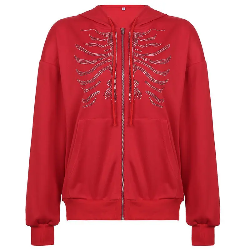 Sudadera holgada de algodón con cremallera para mujer, suéter con capucha roja y lentejuelas, con diamantes de imitación, para primavera y otoño