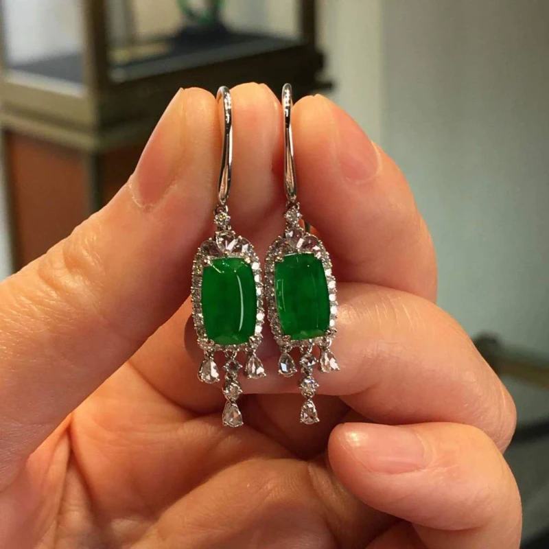 Natural Hotan Jade Exquisite Square green tassels earrings for women Ethnic Style Vintage party earings Banquet Jewelry