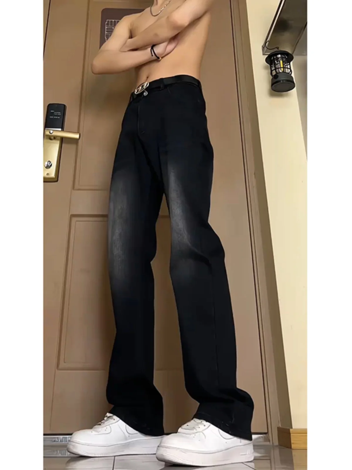 

Мужские джинсы из денима с эффектом потертости, серо-черные, удлиненные, с высокой талией, прямого кроя, модные молодежные брюки