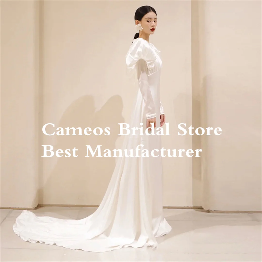 SONDR O-Neck Custom Made Satin Wedding Dresses Puff Sleeves Ivory Elegant Korea Sweep Train Brides Gowns Women Bridal Dresses