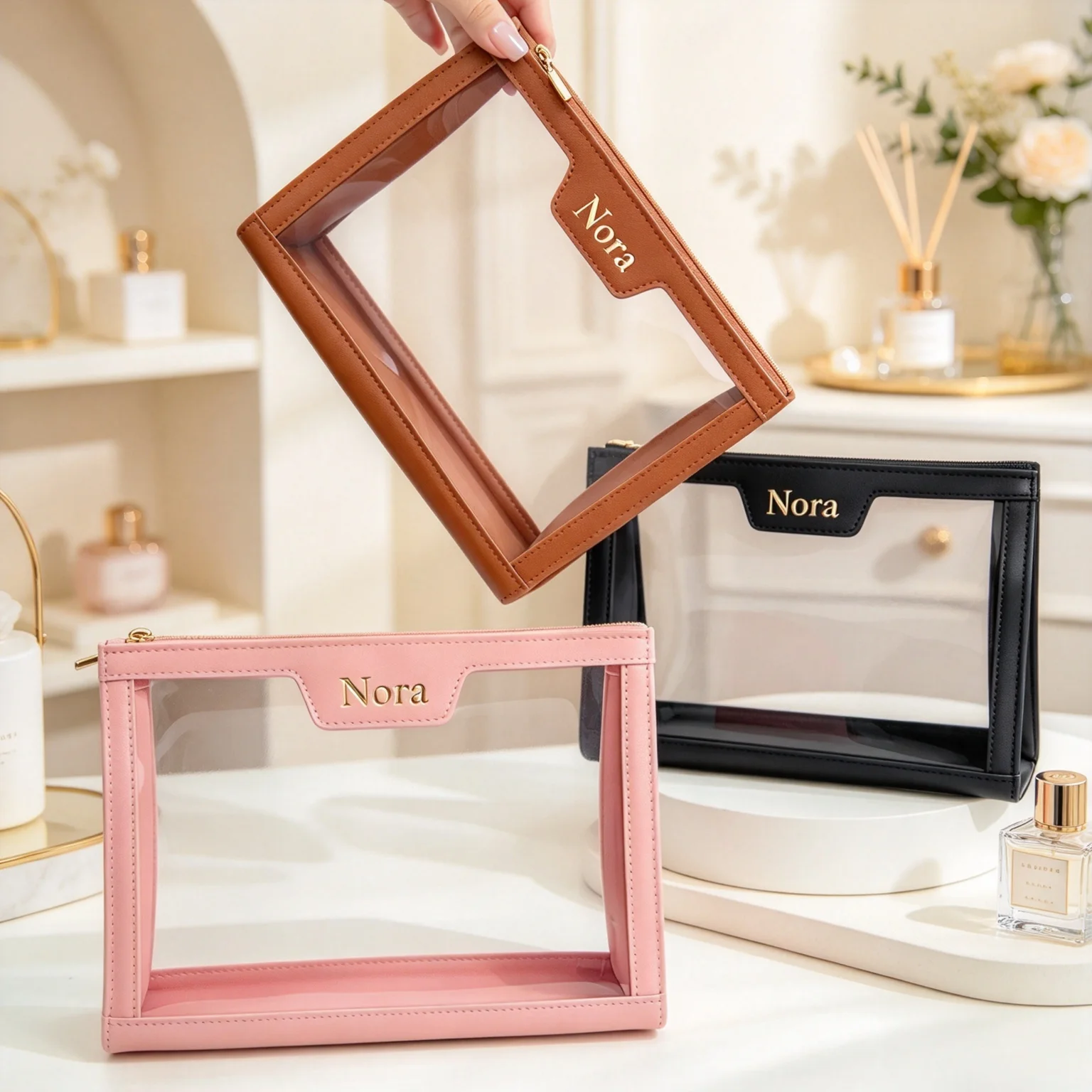 Personalized Name Makeup Organizer Bag, PVC Spliced Leather, Travel Large-Capacity Waterproof Cosmetic Pouch