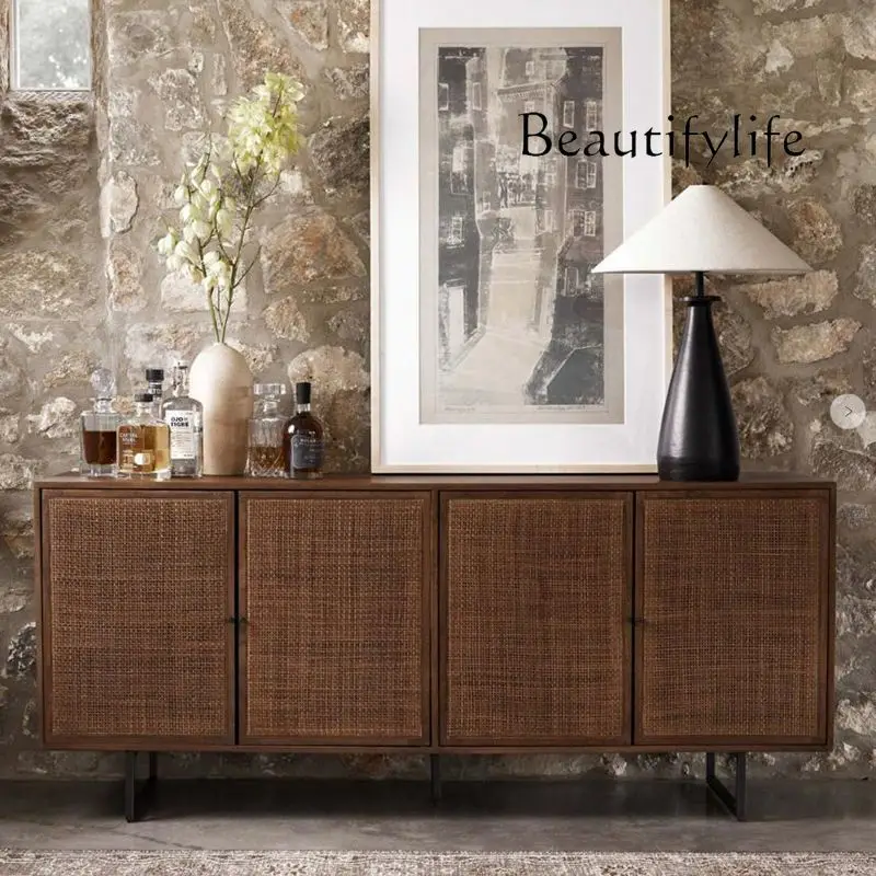 

French retro solid wood dining side cabinet American country living room locker rattan porch cabinet decorative cabinet