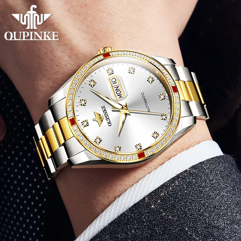 OUPINKE 3261 Luxury Original Man Wrist Watches Diamond Dial Automatic Mechanical Watch For Men Dual Calendar Business Hand Clock