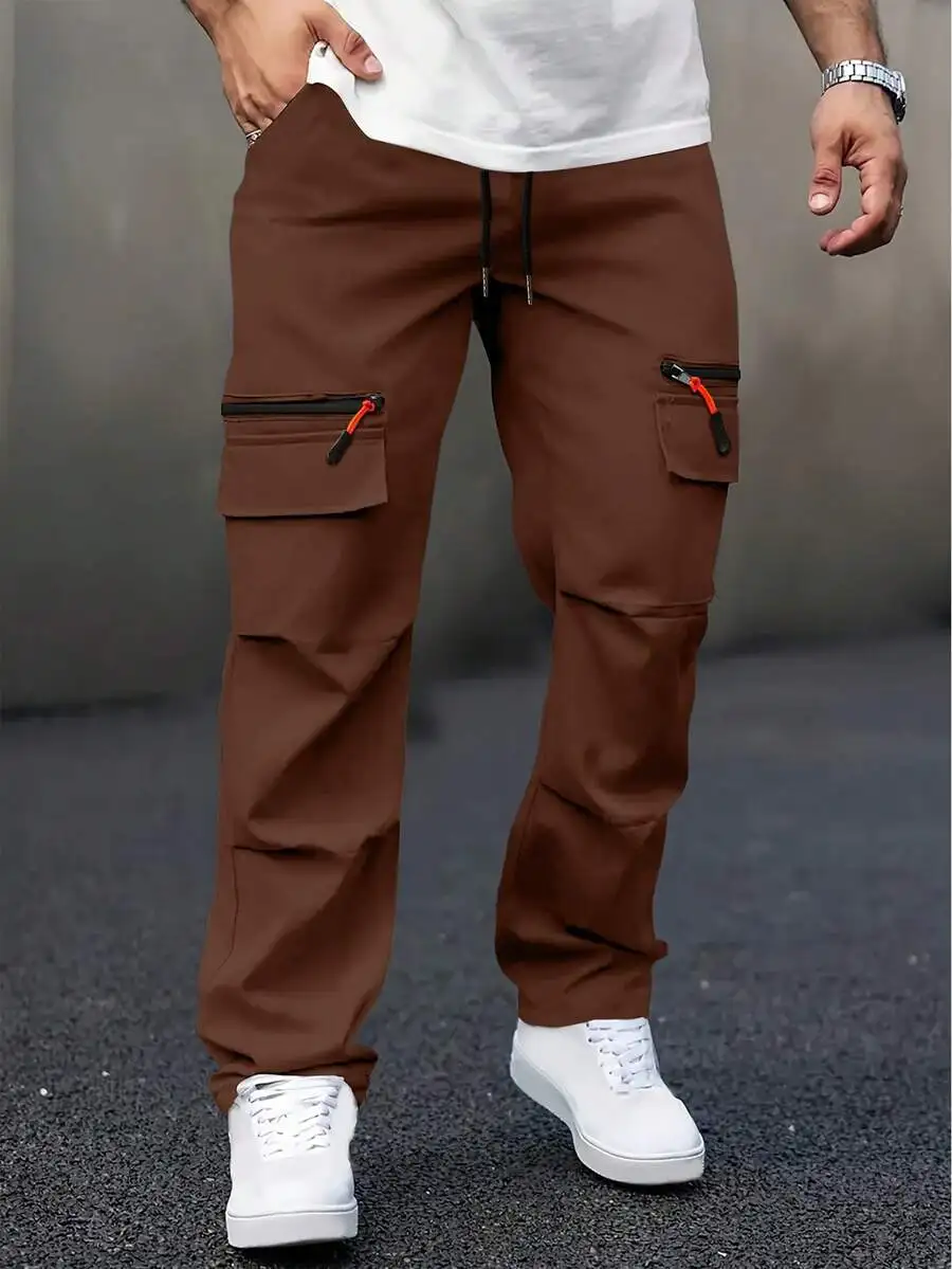 Mens Autumn Winter Outdoor Straight Leg Cargo Pants With Zippered Pockets Elastic Drawstring Waist Casual Sports