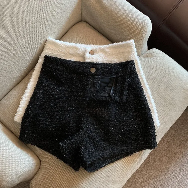 Women's Tweed Shorts Autumn Winter Elegant High Waist Short Pants Lady Chic Solid Color Shorts