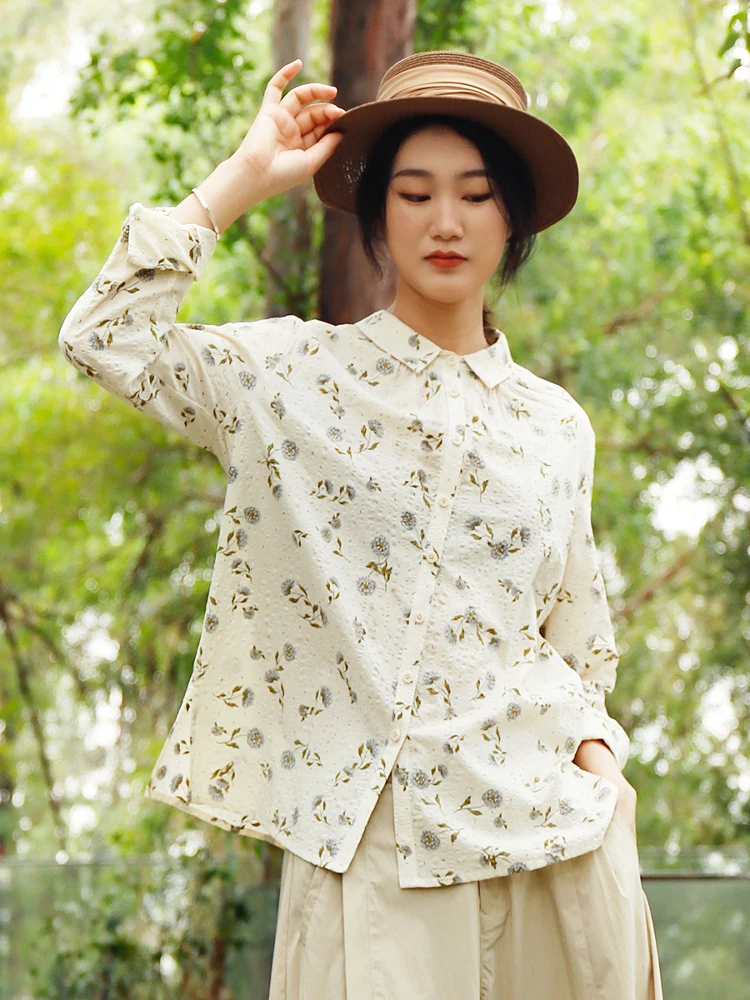 

Artistic Floral Print Long Sve Loose Fit irt Thin Cotton Spring Women's Busin Casual irt Turn-down Collar Casual irt
