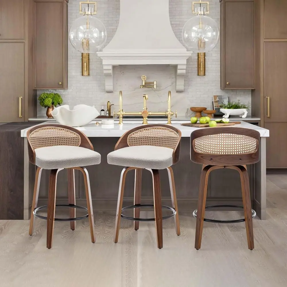 

Set of 3 Modern Beige Linen Upholstered Swivel Bar Stools with Rattan Backrest, Walnut Finish