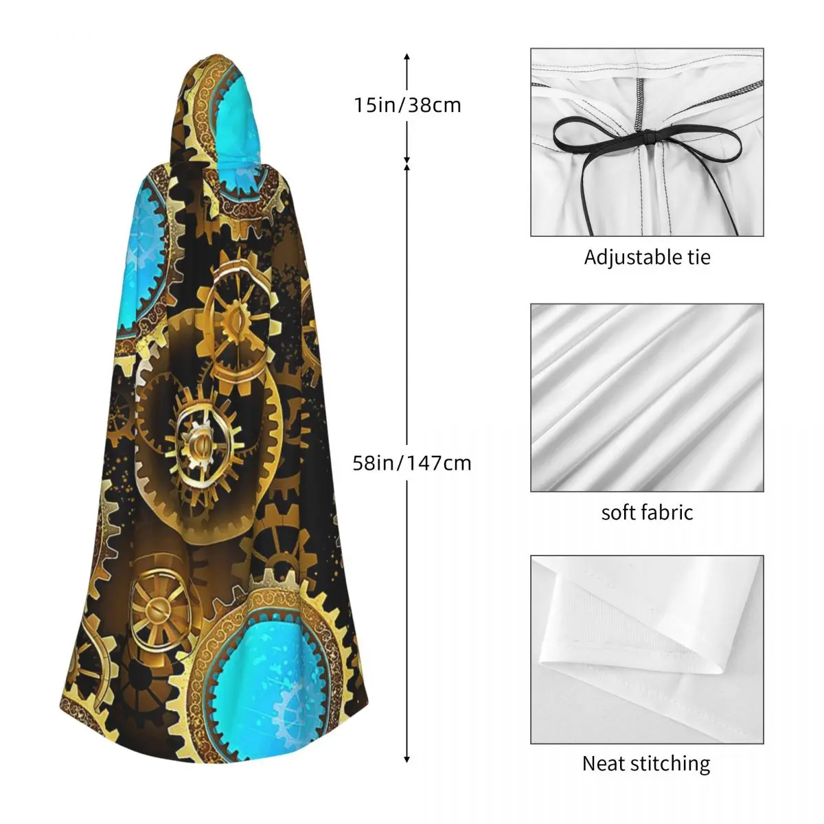 آلة ميكانيكية التروس Steampunk نمط طويل مقنع عباءة ساحرة القرون الوسطى زي تأثيري كيب هالوين معطف الكبار للجنسين