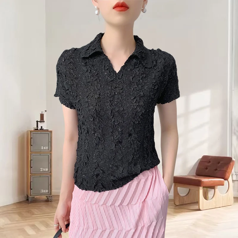 

Miyake Pleated T-shirt 2025 Summer Fold Tops Women Casual Plisse Shirt Collar Pleat T-shirt Slim Temperament Versatile Pleats