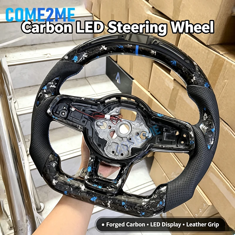 Suitable for Volkswagen Golf 7 7.5 GTI MK7, customized LED processing version silver blue forged carbon fiber steering wheel, cu