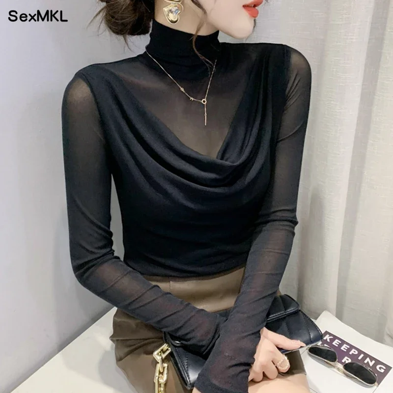 Sexy Mesh Basic T-shirts Women 2024 Fashion Turtleneck Casual Long Sleeve Y2k Tops Korean Clothes Woman Black Winter T Shirt 4XL