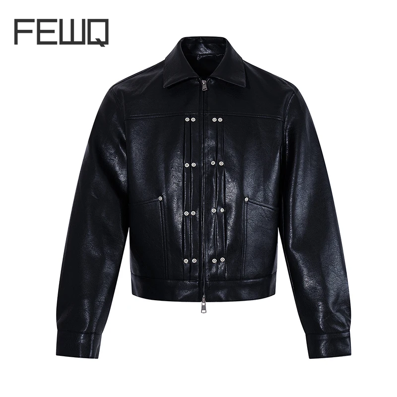 FEWQ American Retro Pleated Loose Fitting Men's PU Leather Jacket With Casual Metal Buckle Design Lapel Top 2026 Autumn New