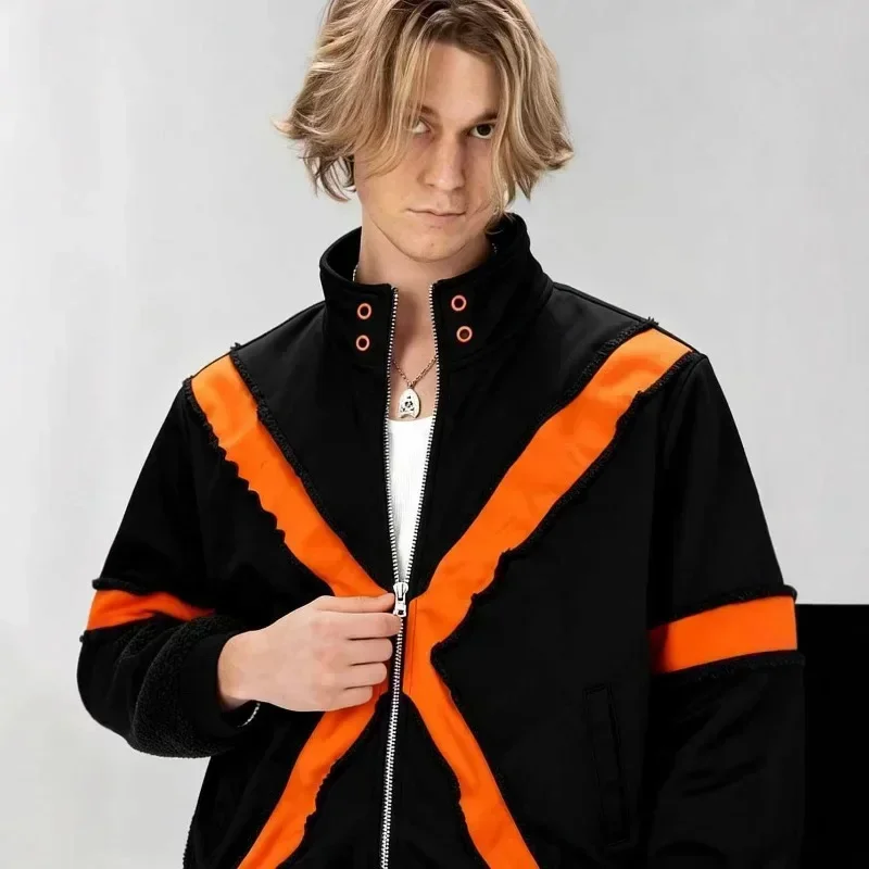 Yellow Patch Y2k Bomber Jacket Contrast Color Hip Hop Oversized Zipper Hoodie Hip Hop Retro Casual Harajuku Couples Sweatshirt - view 4