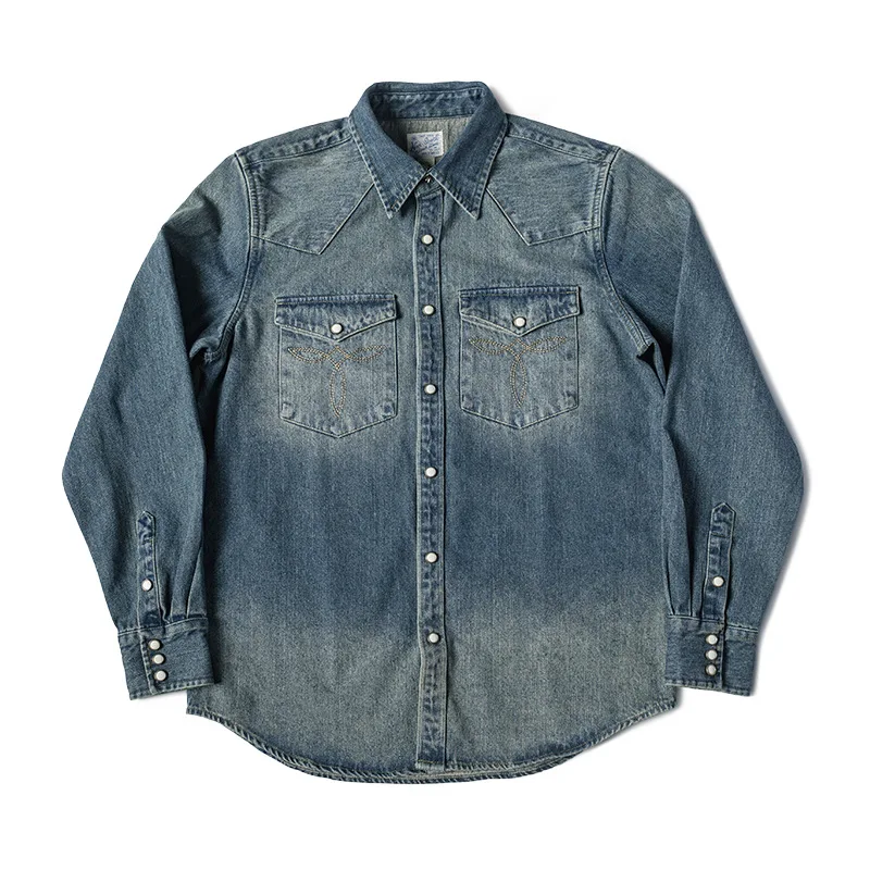 

American vintage long-sleeve shirt classic pocket washed denim western shirt 1950s style long-sleeve cowhide men's shirt
