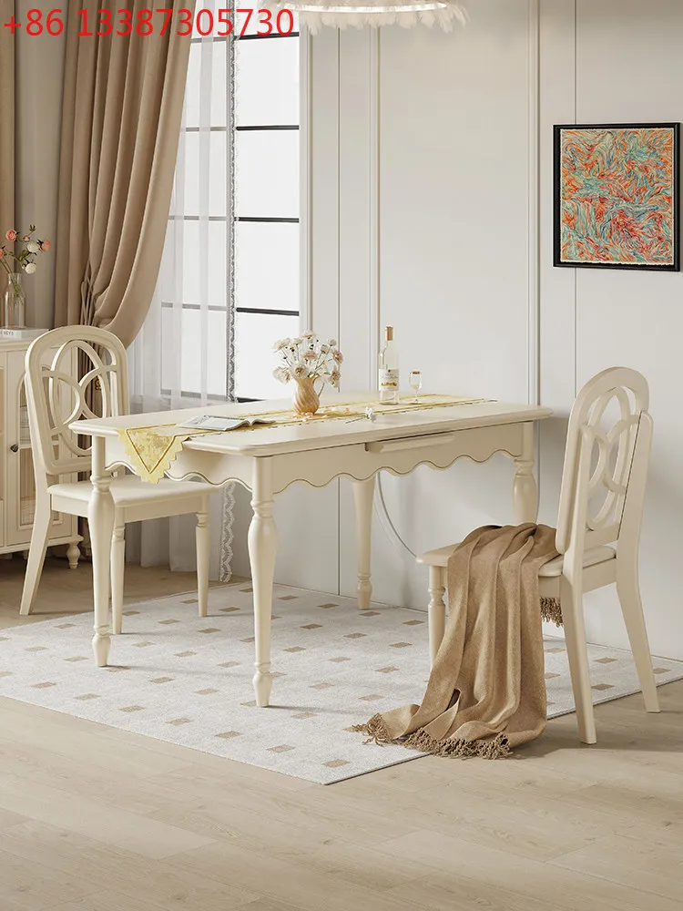 

American solid wood white retractable rectangular dining table French cream style household dining table
