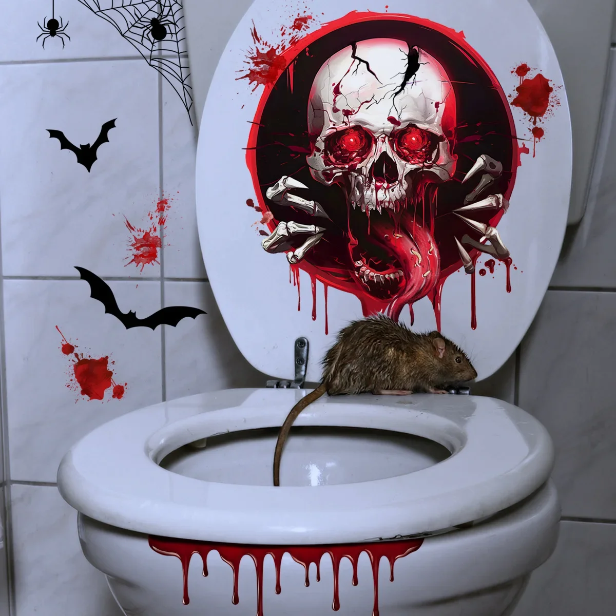Horror Toilet Lid Decals Halloween Ghost Skull Blood Bat Decorative Wall Stickers Creepy Bloody Self Adhesive Bathroom Decor