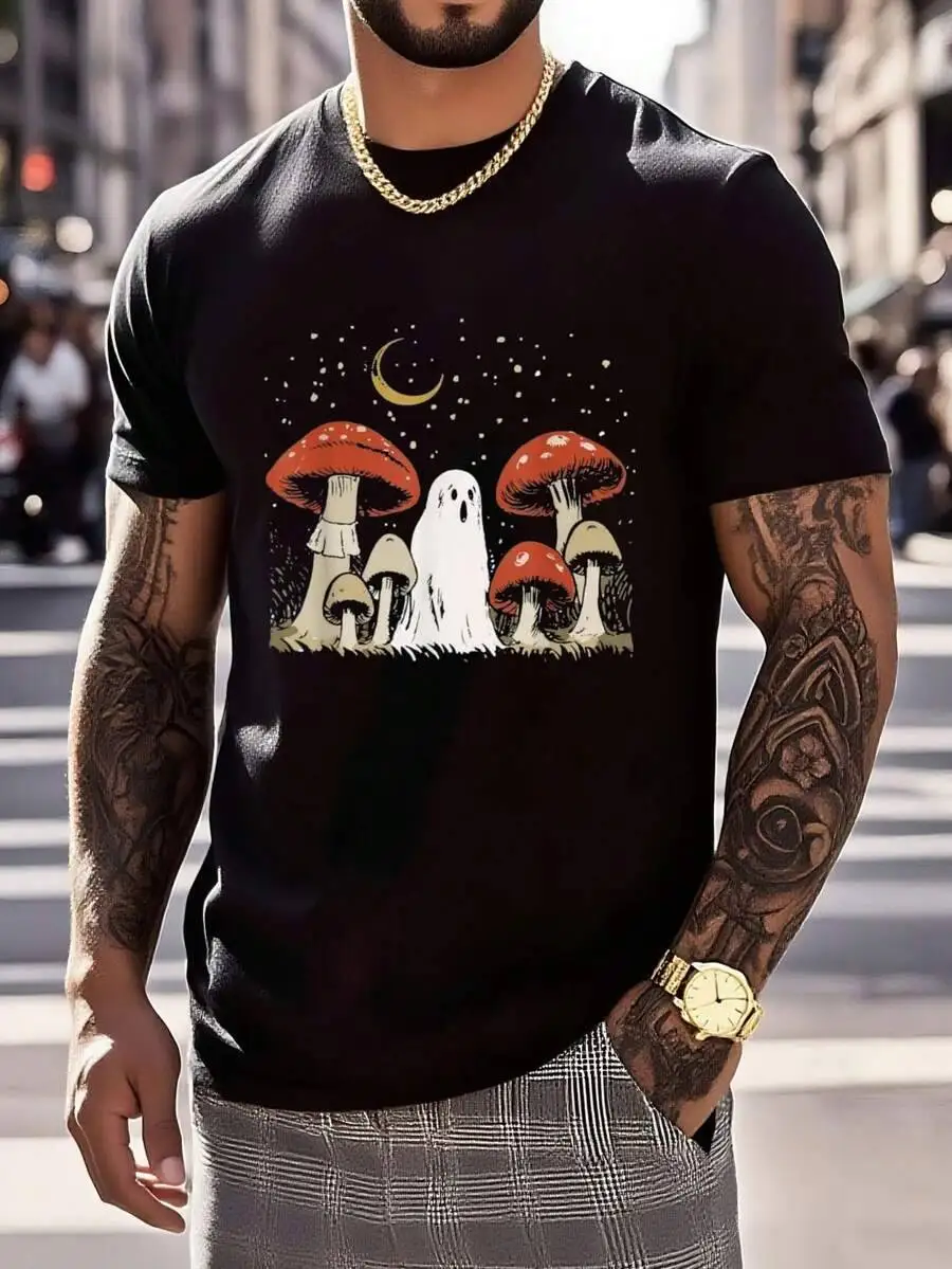 Men's Sleeve-Shirt Funny-Shirt Halloween Mushroom Ghost Vintage Grunge 90 Aesthetic Graphic-Shirt Soft  100% Cotton Trendy Y2K Short-Sleeve Tee-Soft, Quick-Drying, Moisture-Wicking, Great Gift for Christmas or Halloween.