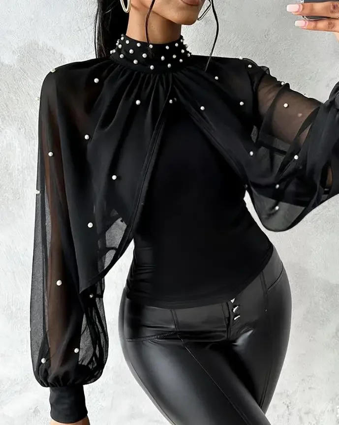 

Элегантный сексуальный декор из жемчуга, шифоновая драпированная накидка с высоким воротом, плащ в стиле накидки, футболка со сращенными рукавами, рюшами и открытой спиной, облегающий топ