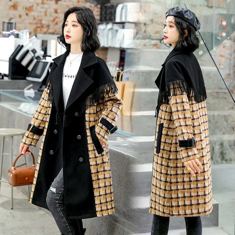 Female Fashion Casual Design Mid-Length Woolen Coat 2023 Winter New Women Temperament Patchwork Loose Large Size Plaid Outwear