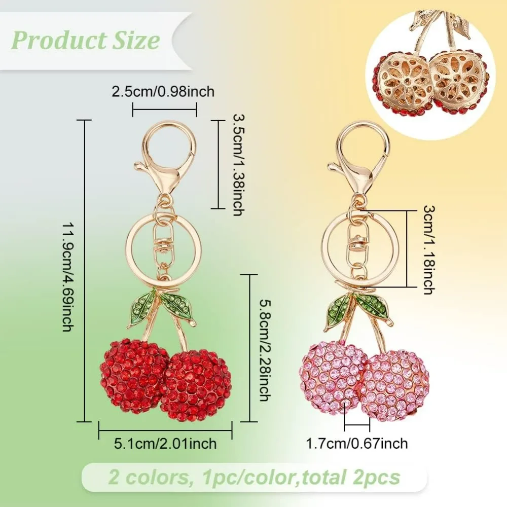 2 Styles Lovely Cherry with Leaves Keychain Zinc Alloy Rhinestone Keychain with Iron Key Rings Purse Pendant Handbag making kit