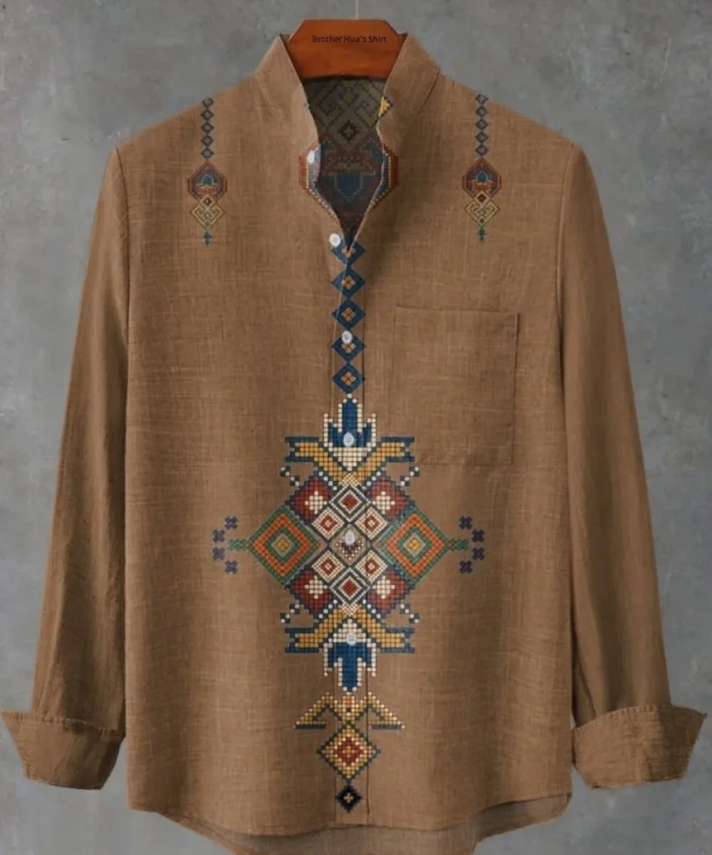 

2025 Spring/Summer Best-selling Men's Linen Long-Sleeved Shirt with Vintage Patterned Print - Casual and Fashionable Shirt