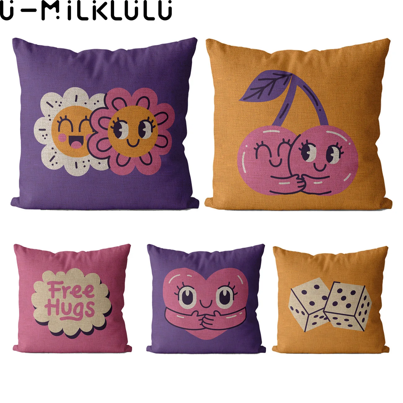 Cartoon Love Heart Hugs Pillow Covers, Decorative Pillow Case, Pink, Purple, 40x40, 45x45, Home Decor Cushion Cover