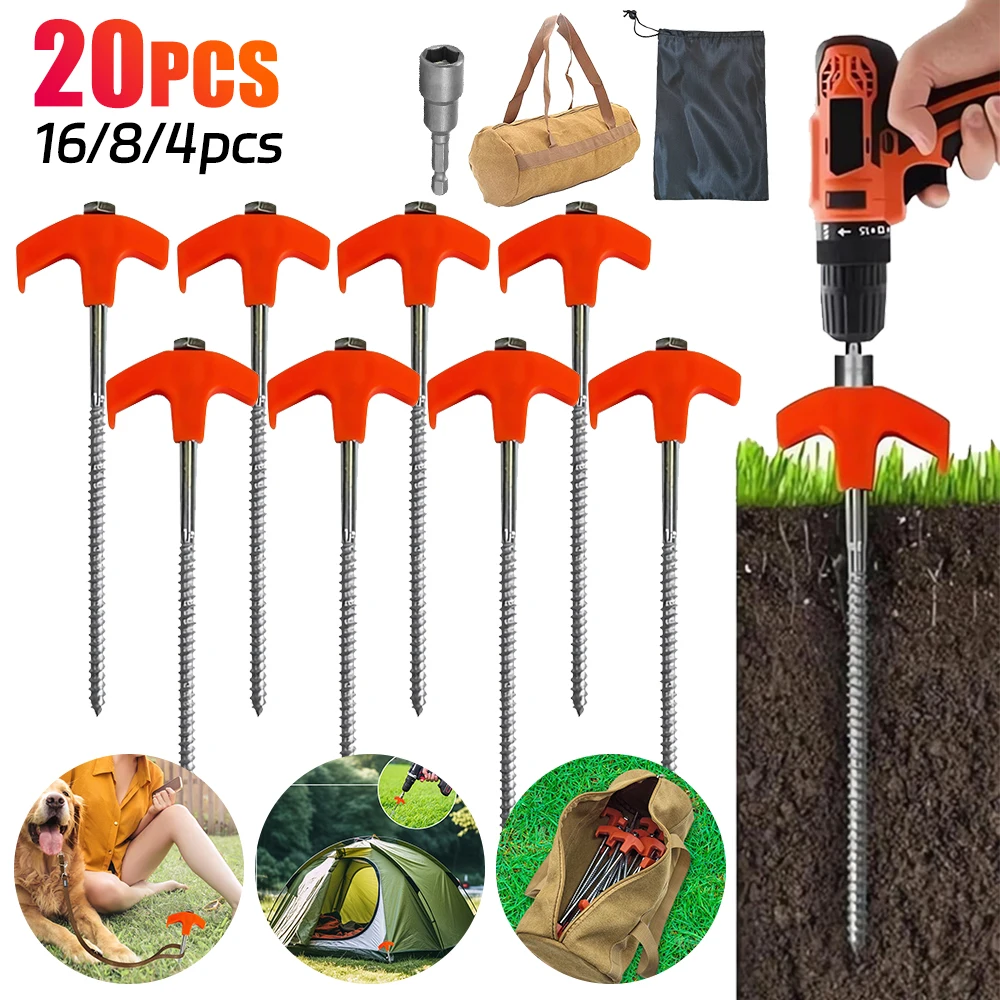 20-4pcs Outdoor Camping Screw-in Tent Stakes Heavy Duty Self Tapping Screws Anchor Bolt Anchors Screw Fasteners Pet Dog Rope