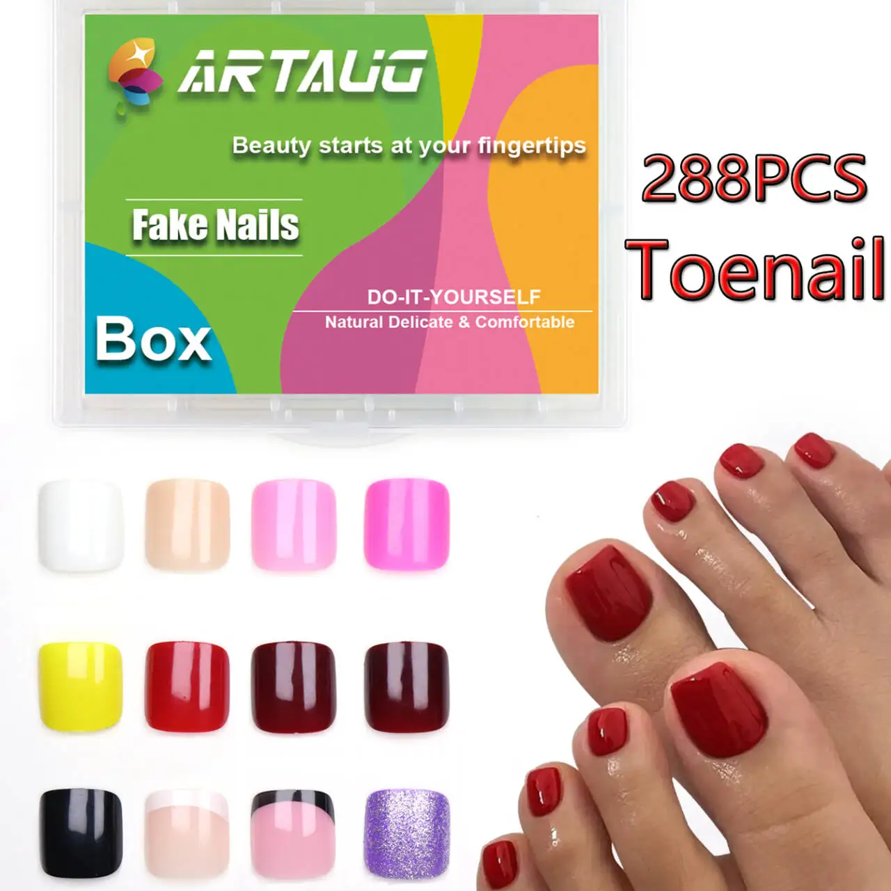 

288 шт. глянцевые накладные ногти 12 размеров в коробке, однотонный пресс на ногтях, полное покрытие, короткие накладные ногти на ногах, искусственный акрил