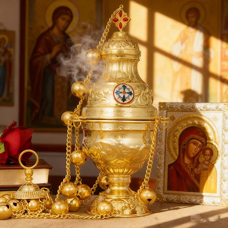 Neuer orthodoxer Weihrauchbrenner mit Kette und Glocken aus vergoldeter Zinklegierung, für Kirchenzeremonien, mit traditionellem Design, Geschenk. – Detail 7