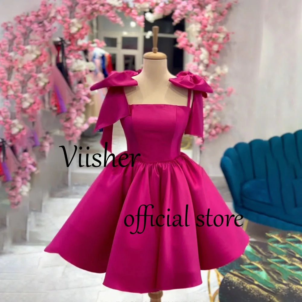 

Viisher Fuchsia Short Evening Prom Dresses with Bow Strapless Cocktail Party Dress A Line Puffy Homecoming Graduation Gowns