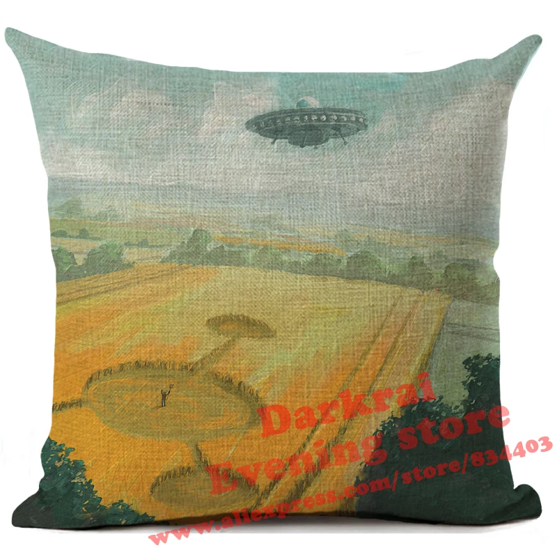 Voglio pensare alla federa decorativa stampata retrò UFO fodera per cuscino alieno decorazioni per la casa cuscino per divano