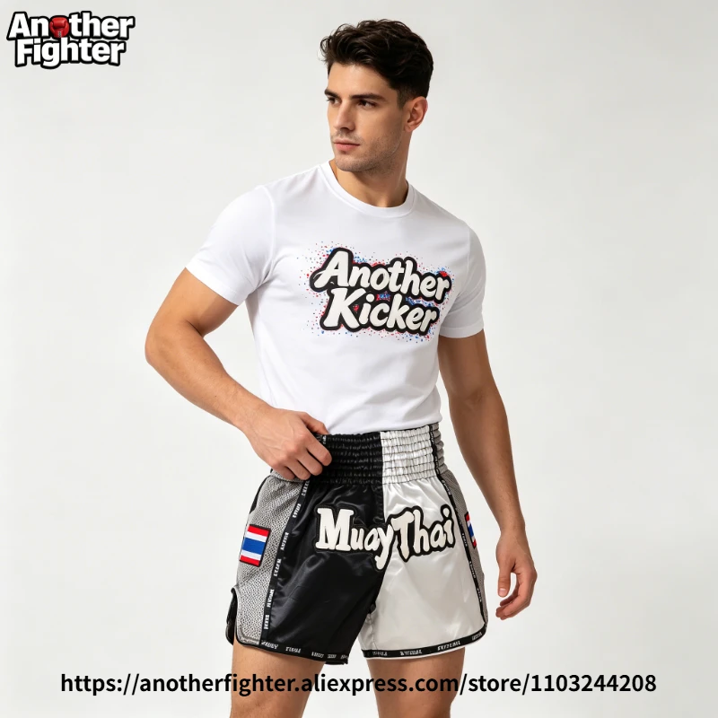 Black White Muay Thai Boxing Shorts Adult Kids Kickboxing Shorts with Muay Thai Embroidery Thailand Flag Gym MMA Training Trunks