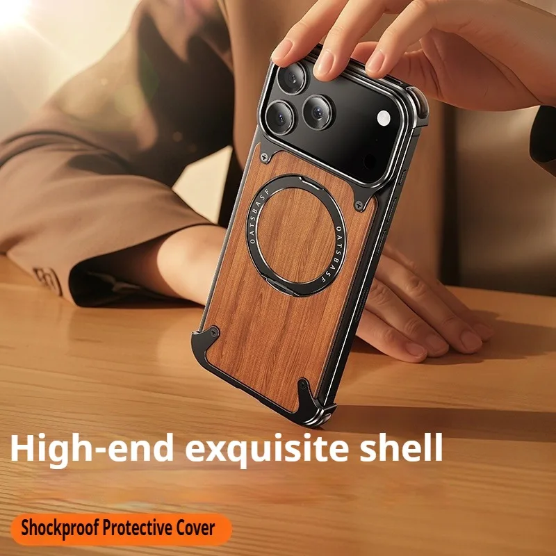 غطاء Eary Natural Wood لهاتف iPhone 17 Pro Max 17 Air بدون إطار مع MagSafe 360 ° غطاء حماية مقاوم للصدمات بحامل هاتف قابل للدوران
