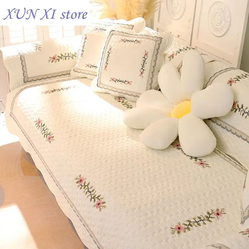 

New Pure Cotton Embroidered Sofa Cushion Case Non-slip Four Seasons Towel Pastoral Washed Cotton Modern Minimalist Sofa Cover