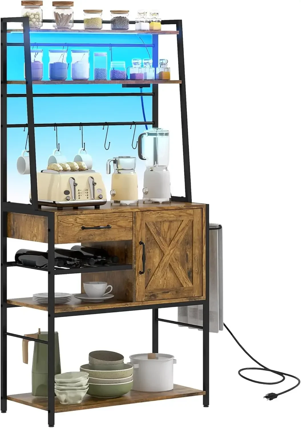 Café-bar avec étagères de rangement, support de micro-ondes industriel avec bouteille de vin T1, armoire à porte de grange marron rustique