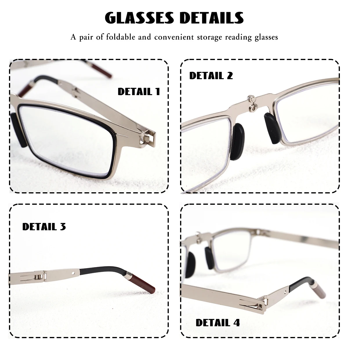 نظارات قراءة محمولة قابلة للطي يمكن ربطها في الجزء الخلفي من الهاتف كحامل هاتف، نظارات قراءة من الفولاذ المقاوم للصدأ بتصميم بسيط، +100 إلى +400، للجنسين