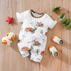 Newborn Clothes 0-18 Snow Fox Full Print Fake Shoulder Strap For Comfortable Boys And Girls Summer Short Sleeved Baby Jumpsuit