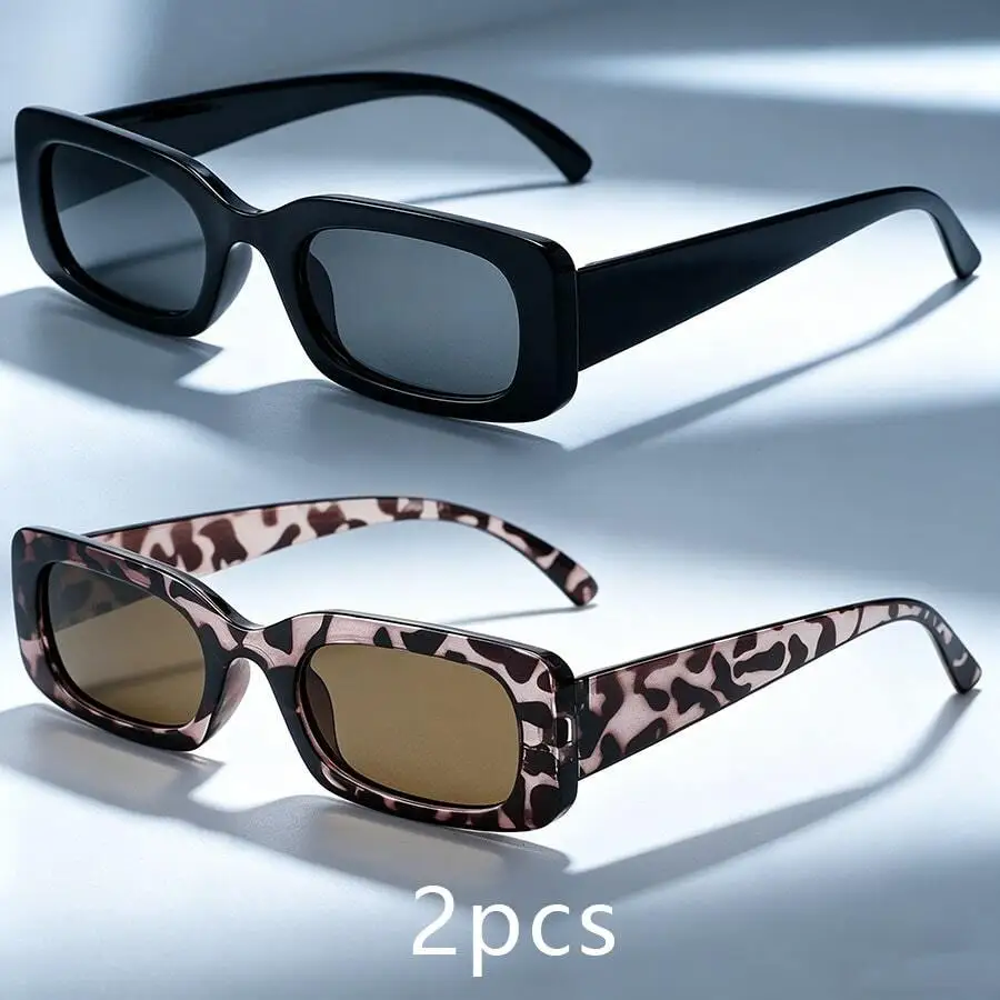 2Pcs Women Tortoiseshell Black Retro Rectangle Optical Frames Anti Glare Face Shaping Daily Commute Office Eyewear Boho PC Animal Pattern
