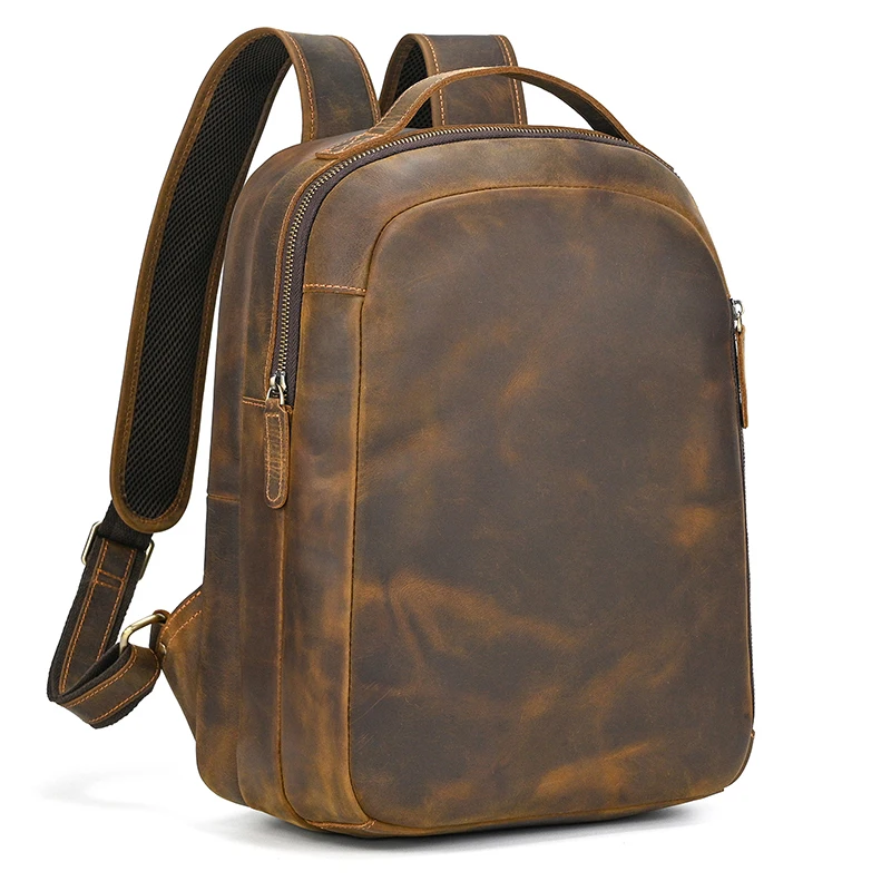 Retro Genuine Leather Backpack Men's Crazy Horse Leather Schoolbag Multifunction Daypack Leather Bag for Men