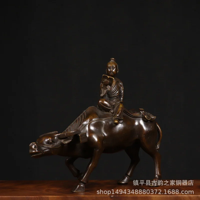 Antique-Style Leaving the Gate Bronze Ornament Craft a Cow Old Master Riding a Green Ox Brass