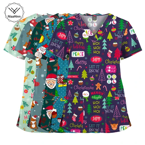 Imagen 1 del producto Uniforme médico con estampado navideño, accesorios de enfermera para el trabajo, exfoliante quirúrgico para médico, Top de manga corta con patrón de dibujos animados para mujeres y hombres