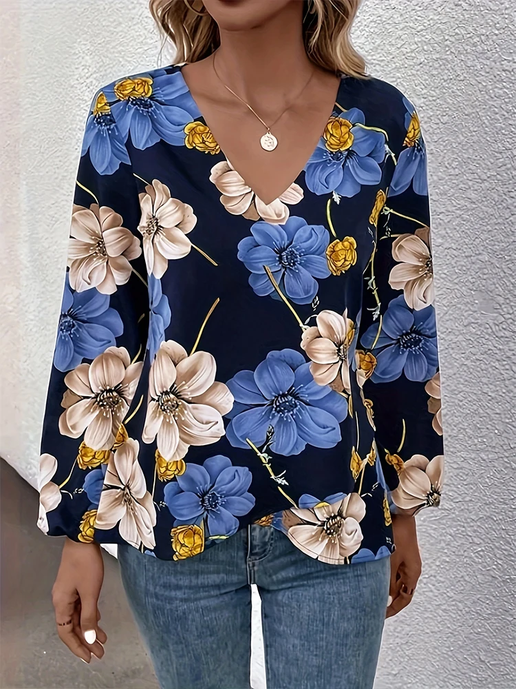 เสื้อเชิ้ตพิมพ์ลายคอวีที่ทันสมัยและสง่างามสําหรับสุภาพสตรีพร้อมแขนโคมไฟสําหรับฤดูใบไม้ผลิและฤดูร้อนเป็นมิตรกับผิวหนัง