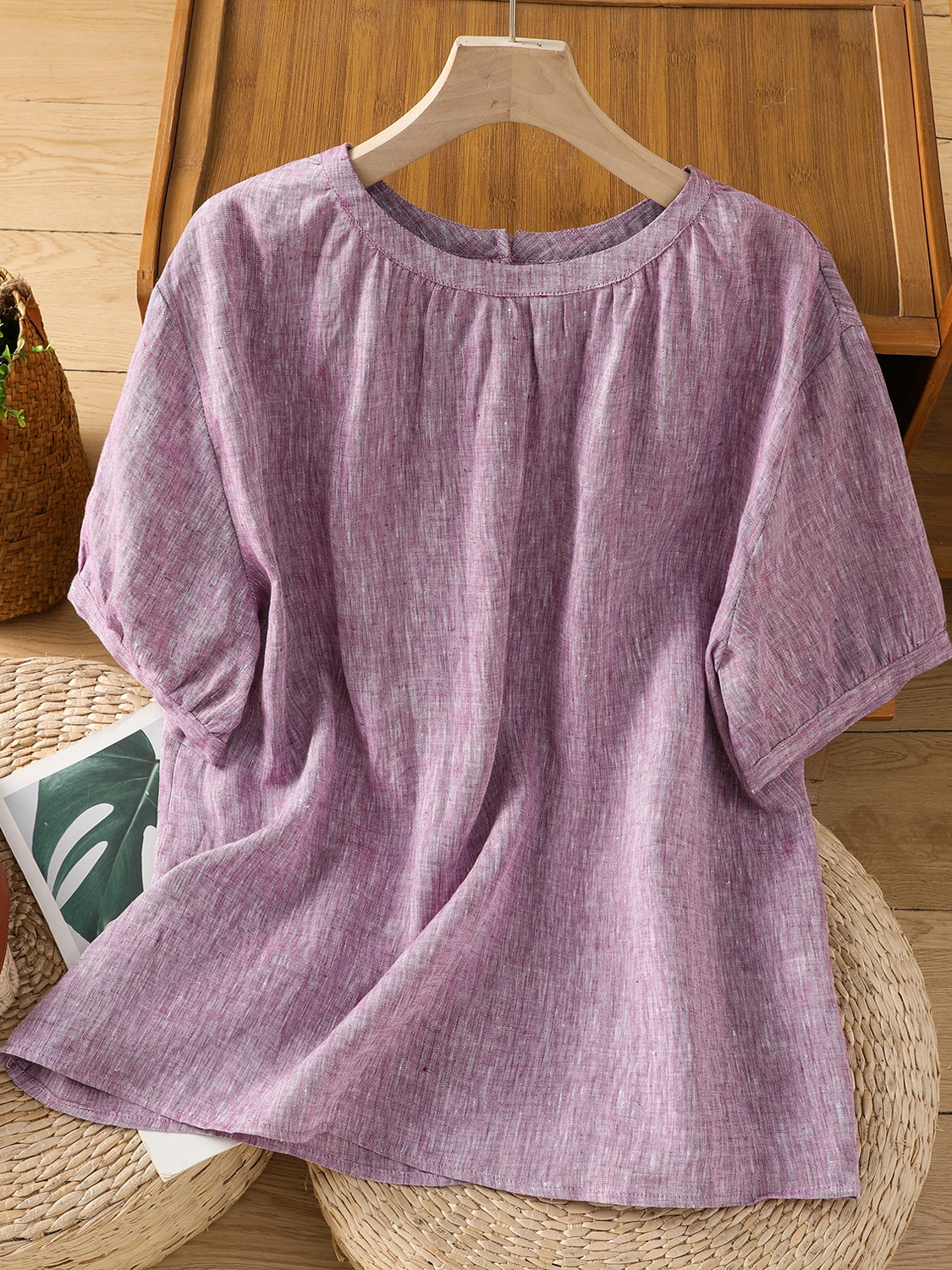 

Summer Loose Women's Short Sleeve T-Shirt Color Woven Fine Hanflax Slimming Color Versatile Casual Fashion Inner Wear