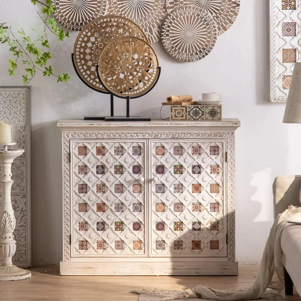 

Mamba Bohemian antique solid wood retro locker sideboard living room farmhouse cabinet 2 drawers 3 doors