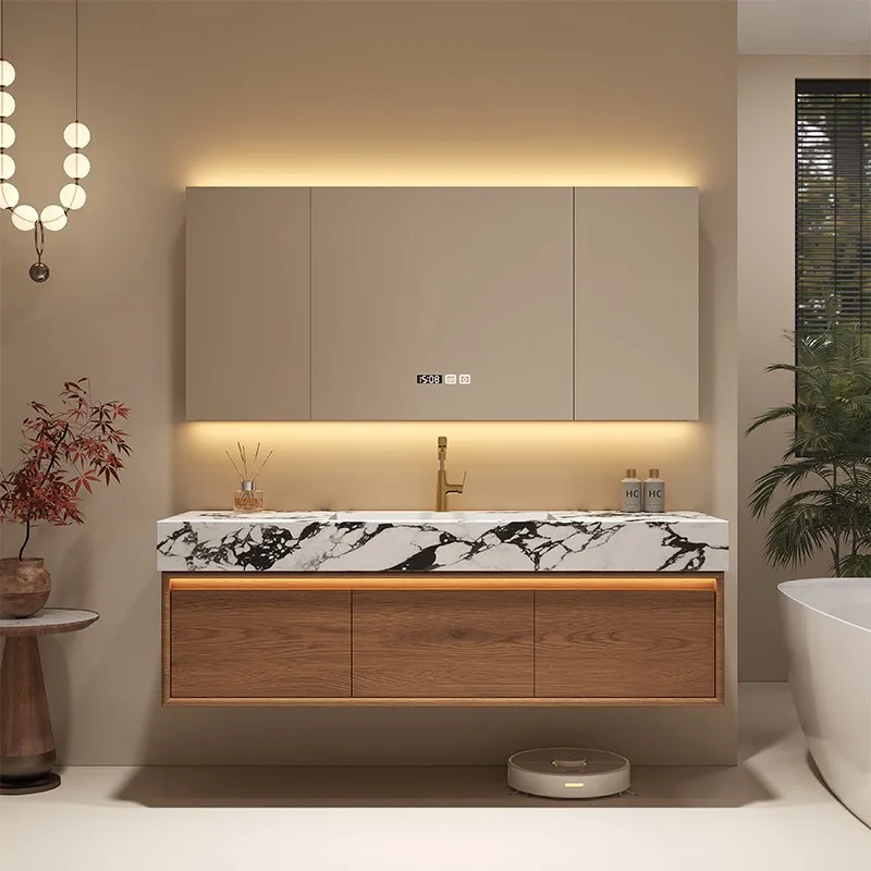 Bathroom Cabinet with Seamless Sink Retro Red Oak Hot Bending Integrated Bathroom Washbasin Space Saver Storage Home Furniture