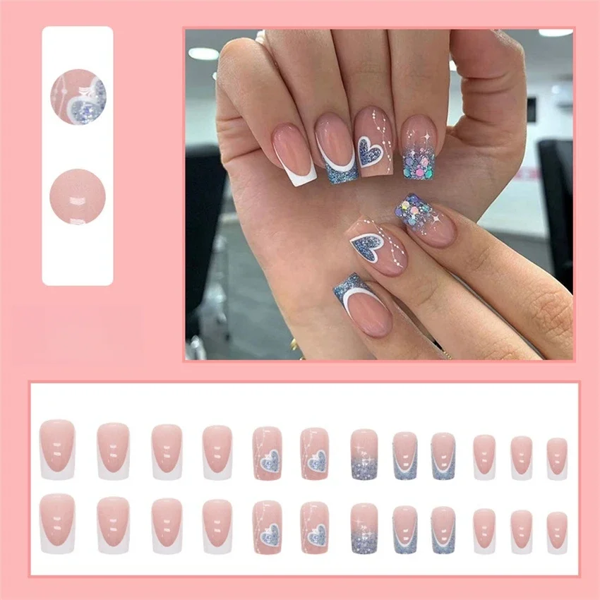 

24Ps/Set Medium Long French Fashion Wearing False Nails Removable Popping Glitter Love Fake Nails Tips Sweet Girl Press on Nails