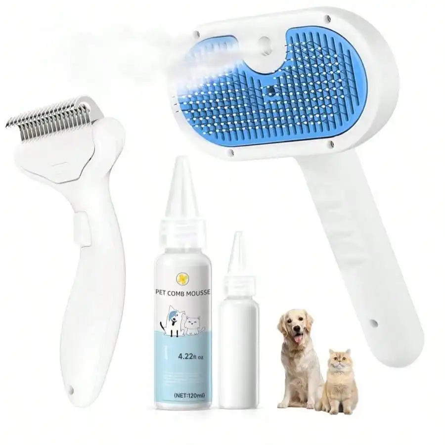 

Pet Steam Brush For Dog &Amp; Cat - 3-In-1 Steam Grooming Slicker Brush &Amp; Undercoat Rake For Shedding - Self Cleaning Spray Comb With Mist For Long &Amp; Short Haired Pets - Includes Waterless Shampoo, Blue